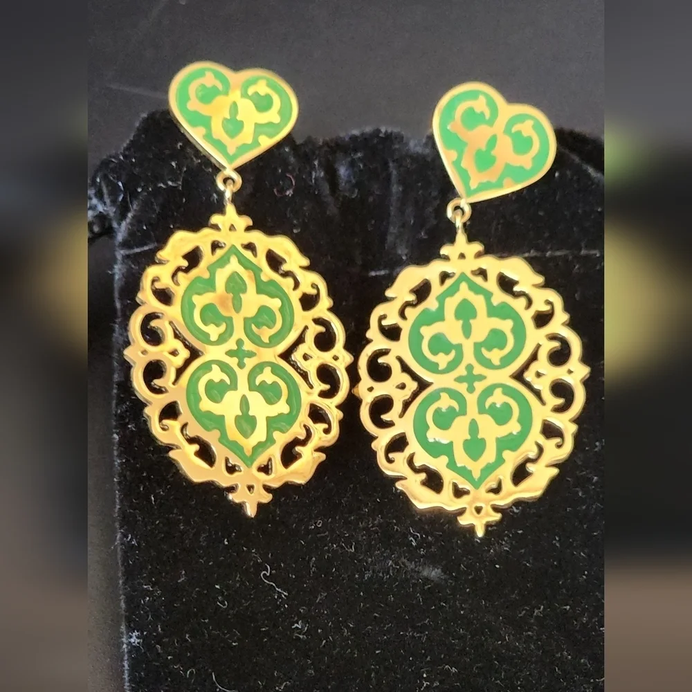 Stainless Steel Gold & Green Drop Earrings